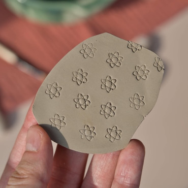 Mini clay stamp atom science design, ceramic stamp electron, pottery tool for handmade DIY creations
