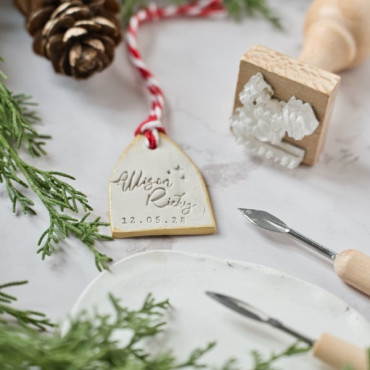 Sello boda con nombres y fecha personalizado, diseño mágico con estrellas, para cerámica y arcilla