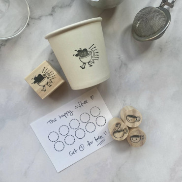 Sello personalizado para cafetería con taza de café y carita, sello de madera para packaging y loyalty cards
