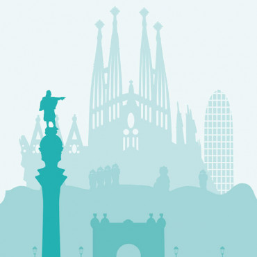 Printable wall art print Barcelona Skyline in turquoise tones  by biterswit
