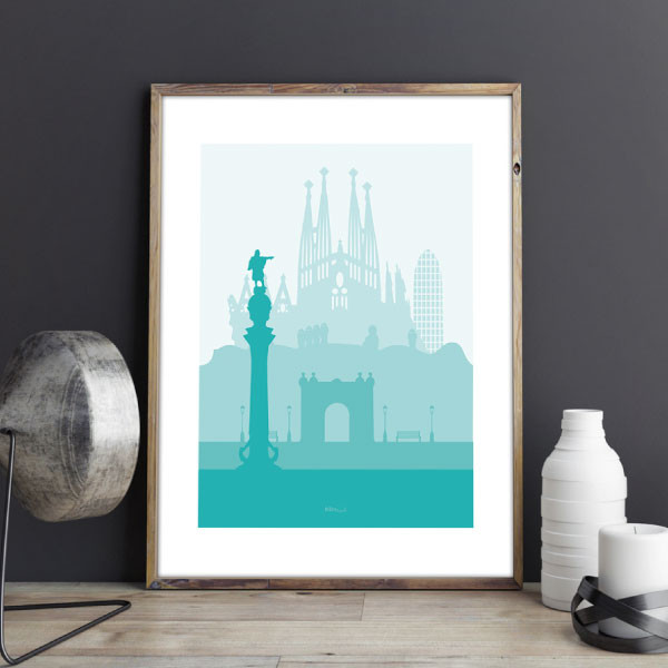 Printable wall art print Barcelona Skyline in turquoise tones  by biterswit
