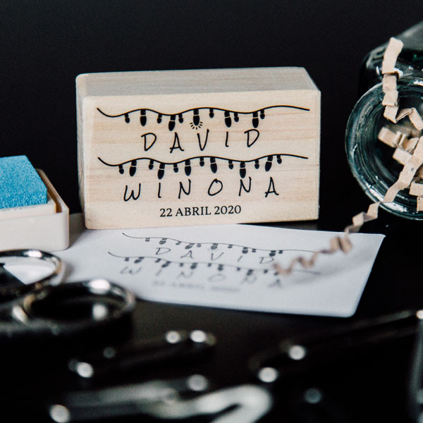 Custom stamp for wedding Garland Light Bulbs with names and optional wedding date
