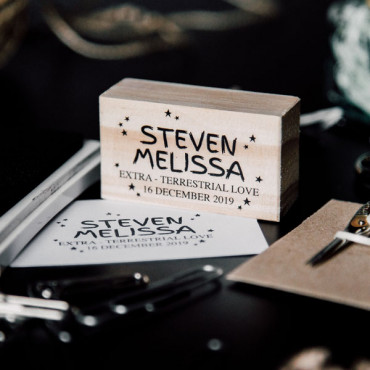 Wedding custom stamp Love from another planet surrounded by stars