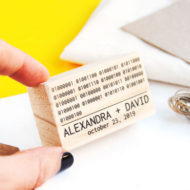 Geeky wedding custom stamp Nerd Love with binary code