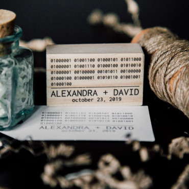 Geeky wedding custom stamp Nerd Love with binary code