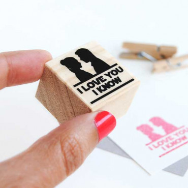 "I Love You, I Know" stamp adds a fun, nerdy touch to wedding favors, perfect for a Star Wars-themed celebration