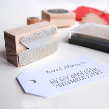 Holiday rubber stamp Special Delivery (space for write a name) Do not open until December 25th in different languages