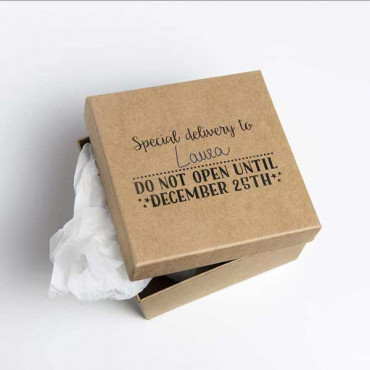 Christmas rubber stamp Special Delivery (space for write a name) Do not open until December 25th in different languages