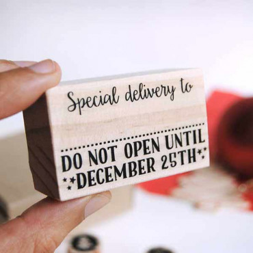 Christmas rubber stamp Special Delivery (space for write a name) Do not open until December 25th in different languages