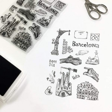 Sellos ilustrados scrapbooking album viaje Barcelona por Sira Lobo para biterswit