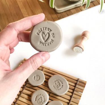 Premade custom pottery logo stamp with custom text and Heart - Line