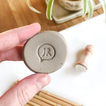 Premade logo pottery stamp Initials in Comic Bubble. Size in the photo: 1,5 cm / 0.6 in