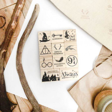 rubber stamp set with 11 Magical and Wizarding stamps for themed parties.