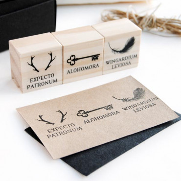 rubber stamp set with 11 Magical and Wizarding stamps for themed parties.