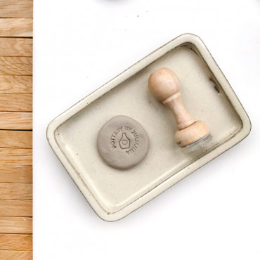 Acrylic clay stamp with custom name and pottery vase with heart in the middle