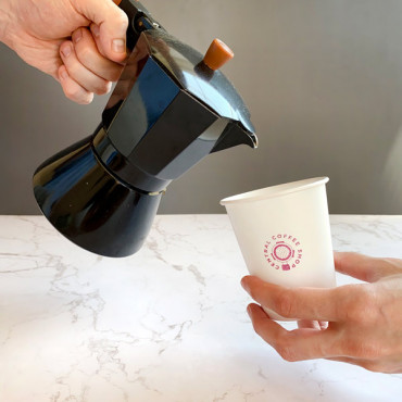 Custom stamp logo Coffee Shop for paper cups and coffee bags. Italian coffee funnel filter design.