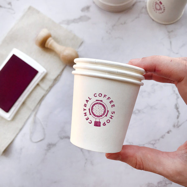 Custom stamp logo Coffee Shop for paper cups and coffee bags. Italian coffee funnel filter design.