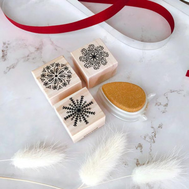 Rubber stamp set Three Snowflake Mandalas with mini ink pad for DIY wrapping paper and Holiday crafts
