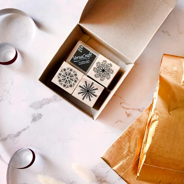 Rubber stamp set Three Snowflake Mandalas with mini ink pad for DIY wrapping paper and Holiday crafts