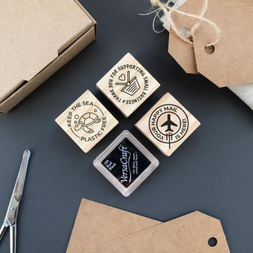 Make your packaging eco-friendly with this Small Business Stamp Set! Includes 3 stamps, a kraft box, and an ink pad