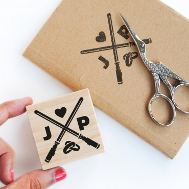 Geeky wedding custom stamp Crossed Lightsabers with initials