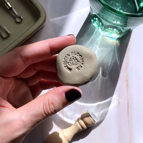Premade custom pottery logo stamp with name and Lotus Flower minimal illustration