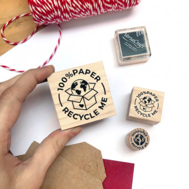 Recycle Me rubber stamp for paper packages. Language to choose.