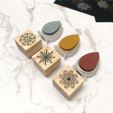 Holiday card-making stamp set Snowflakes Mandalas with 3 metallic mini ink pads