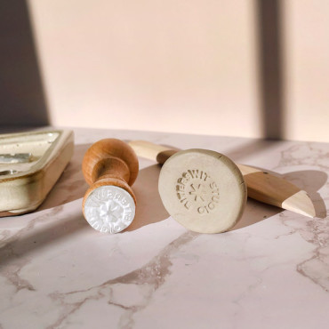 Custom premade logo stamp with asterisk star and name for ceramic marking