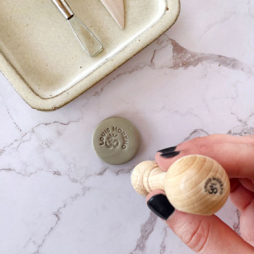 Custom premade logo stamp for clay with your name and om symbol