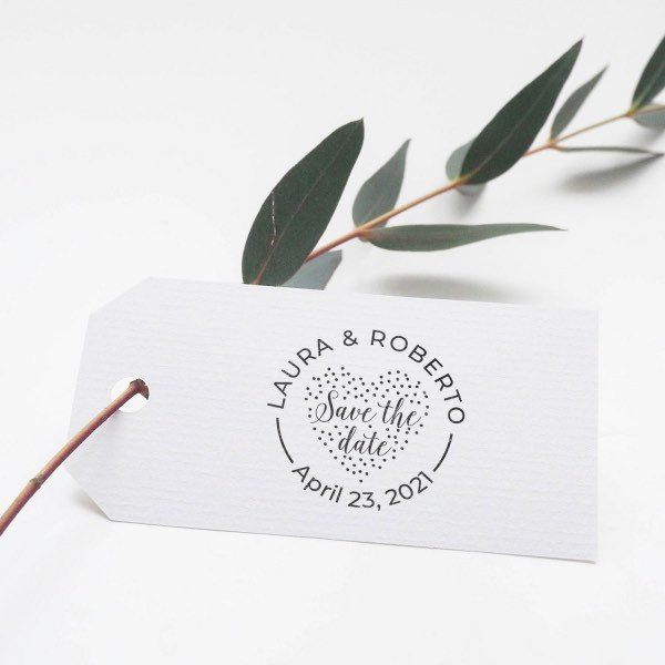 Custom stamp for Minimalist wedding Save the date dotted Heart with your names and wedding date