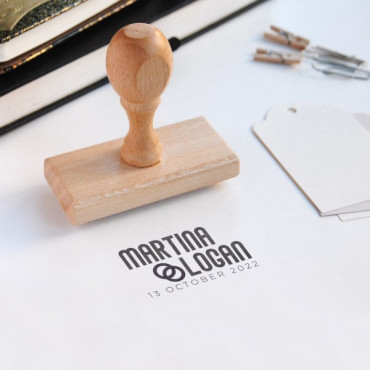 Custom save the date stamp for modern weddings with Wedding rings icon for invitations, labels and favor tags