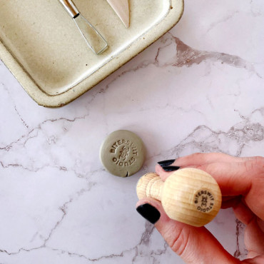 Custom clay name stamp for ceramic signature with Egyptian Scarab icon