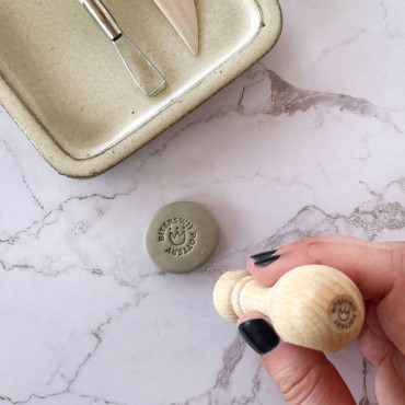 Premade logo pottery stamp with custom text or name and flower inca draw