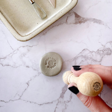 Premade pottery logo stamp Greek Evil Eye with custom name or text