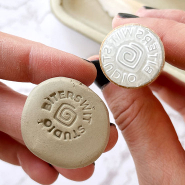 Premade pottery logo stamp Mayan Spiral with custom text or name