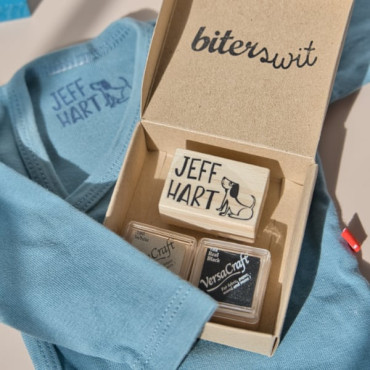 clothing stamp set with custom name stamp and versacraft ink pads by sira lobo for biterswit
