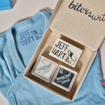 clothing stamp set with custom name stamp and ink pads by sira lobo for biterswit
