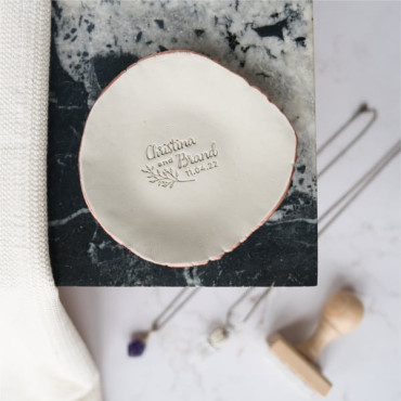 custom pottery name stamp for wedding favors by biterswit
