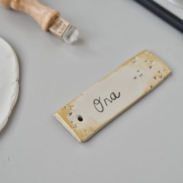 handmade personalized clay wedding name tag by biterswit