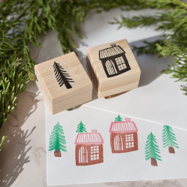 Christmas stamps small cabin house and tree by Sira Lobo for biterswit