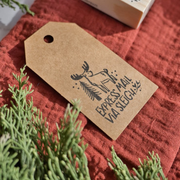 Cute Christmas "Express mail via sleigh" stamp for wrapping and gift tags. Custom language options available.