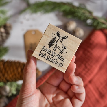 Festive "Express mail via sleigh" stamp for gift tags and DIY wrapping. Available in multiple languages.