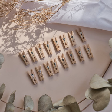 Mini natural wooden clothespins, perfect for scrapbooking and DIY projects.
