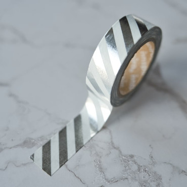 Versatile silver and white striped washi tape, ideal for decorating gifts, sealing envelopes, and creative projects.