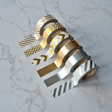 Pack of 6 gold and silver washi tapes with foil finish, ideal for scrapbooking, gift wrapping, and decorating projects