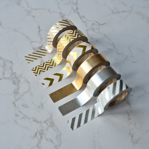 Pack of 6 gold and silver washi tapes with foil finish, ideal for scrapbooking, gift wrapping, and decorating projects