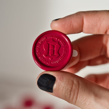 Pack of 5 self adhesive wax seal Wizard School. A hand holding one seal