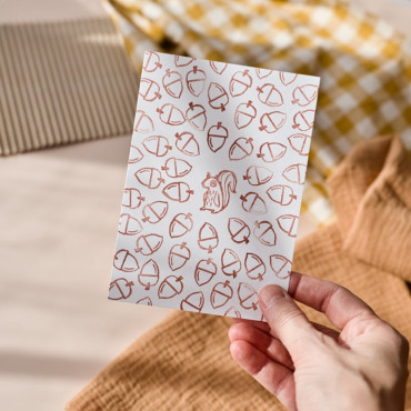 handprinted squirrel and acorn postcard with stamps by sira lobo for biterswit