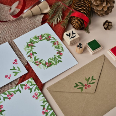 pack de sellos para postales navideñas florales con sellos de madera y dos mini tintas by biterswit